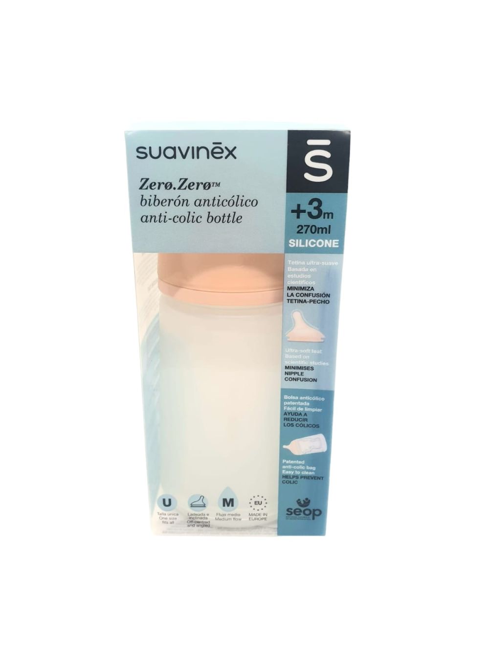 Suavinex Zero Zero biberón anticólico lactancia mixta tetina silicona flujo  M 270 ml